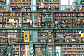 The colorful library showcases shelves filled with books, art pieces, and cozy corners for reading and study