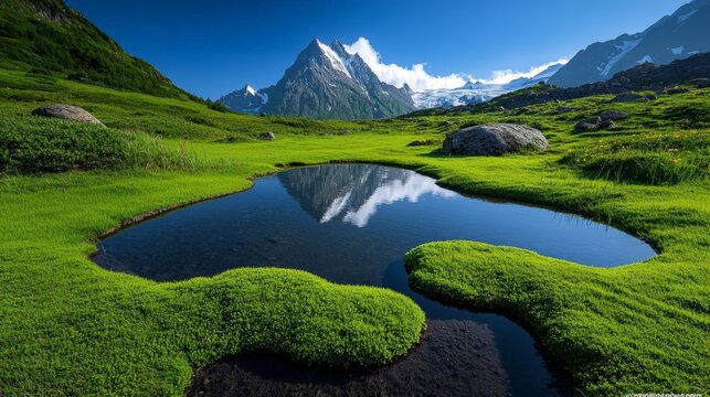 Majestic, snow-covered peaks, alpine meadows, serene, high quality, photorealistic, mountain range, crystal-clear lakes, untouched wilderness, panoramic, breathtaking, nature's bea