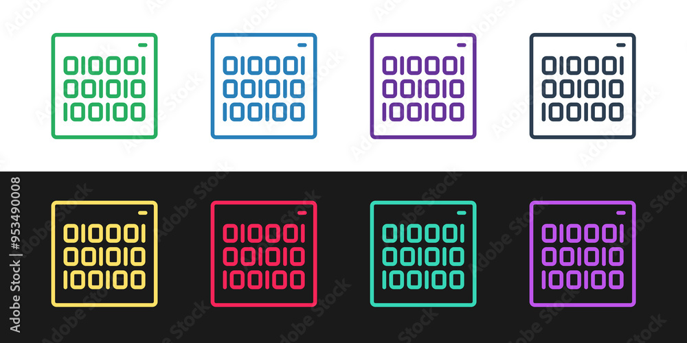Poster set line binary code icon isolated on black and white background. vector