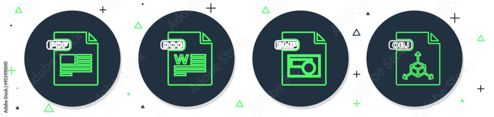 Aufkleber set line doc file document, bmp, pdf and obj icon. vector