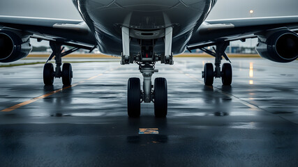 Airplane nose wheel standing on wet asphalt at airport close up. Generative AI