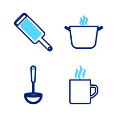 Set line Coffee cup, Kitchen ladle, Cooking pot and Grater icon. Vector