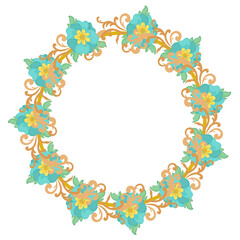 Abstract floral wreath in yellow, blue and gold vines