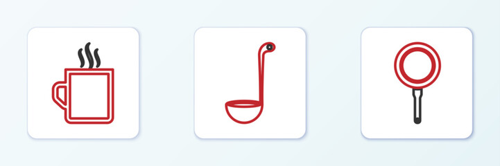 Set line Frying pan, Coffee cup and Kitchen ladle icon. Vector