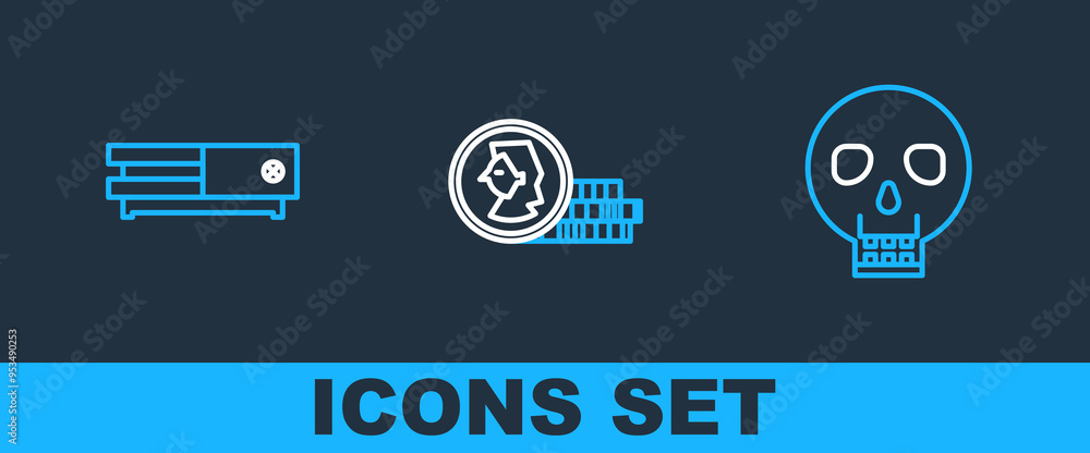 Poster set line skull, video game console and coin for icon. vector