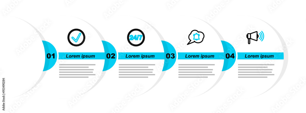 Poster set line megaphone, speech bubble chat notification, clock 24 hours and check mark in circle icon. v