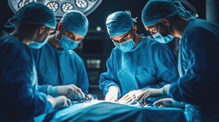 A focused surgical team in blue scrubs performs a complex operation under bright lights in a modern operating room..