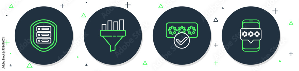 Poster set line sales funnel with chart, password protection, server shield and mobile and password icon. v