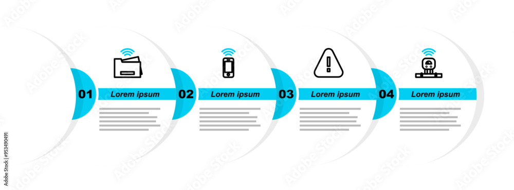 Poster set line smart sensor, exclamation mark in triangle, wireless smartphone and printer icon. vector