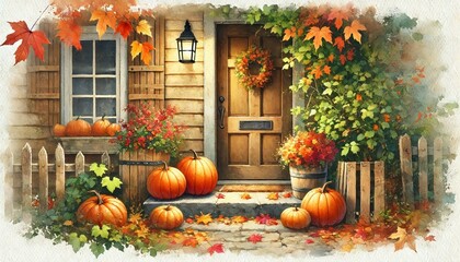 A cozy cottage entryway with pumpkins arranged on the doorstep clipart