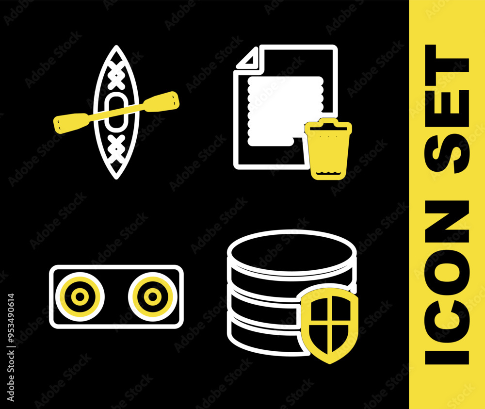 Poster set line delete file document, database protection, stereo speaker and kayak and paddle icon. vector