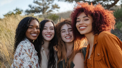 Naklejka premium Group of diverse individuals, varying body shapes, natural light, no retouching, outdoor setting, celebrating true beauty
