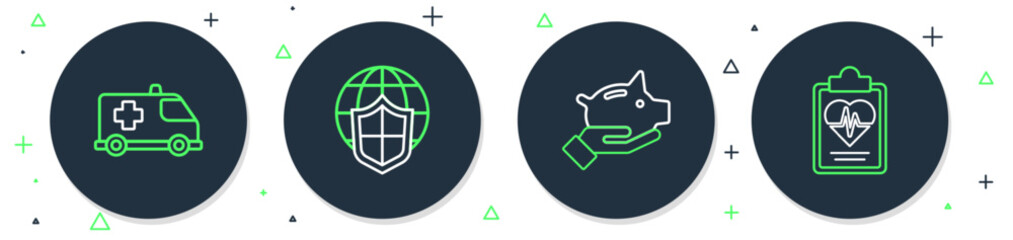 Set line Shield with world globe, Piggy bank, Emergency car and Health insurance icon. Vector