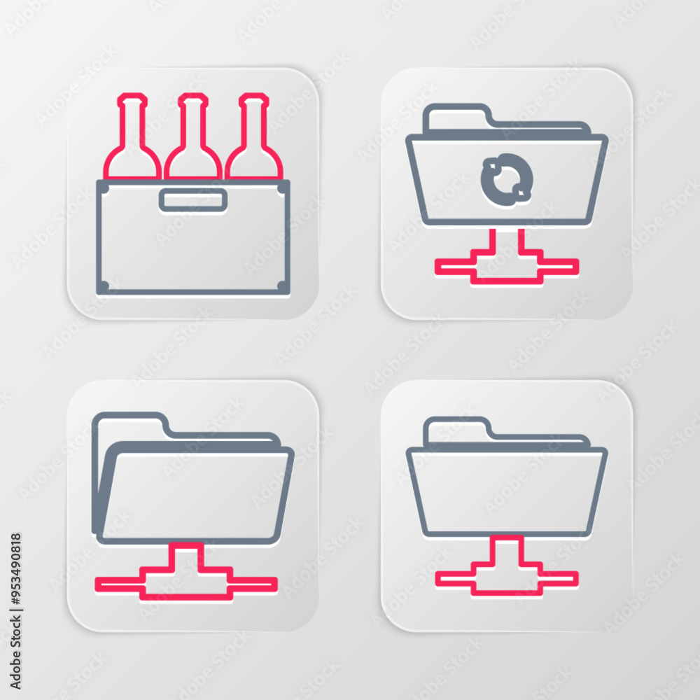 Poster set line ftp folder, sync refresh and bottles of wine in box icon. vector
