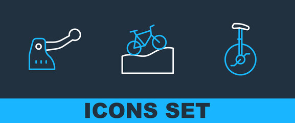 Set line Unicycle or one wheel bicycle, Bicycle brake and Mountain icon. Vector © vector_v