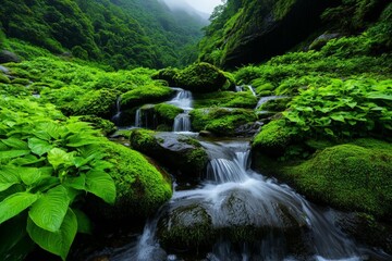 Tranquil, peaceful waterfall, cascading, clear water, lush greenery, high quality, photorealistic, hidden oasis, serene, rainforest, breathtaking