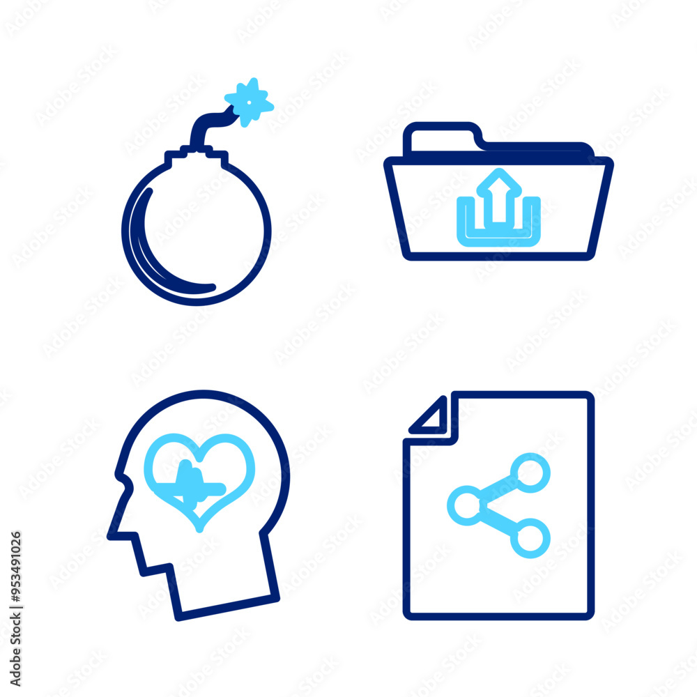 Poster set line share file, head with heartbeat, folder upload and bomb ready to explode icon. vector
