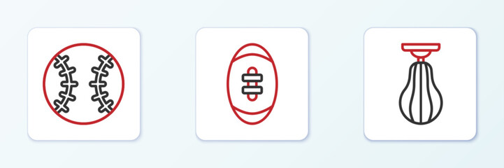 Set line Punching bag, Baseball ball and American Football icon. Vector