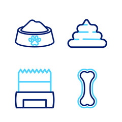 Set line Dog bone, shit in bag, Shit and Pet food bowl icon. Vector