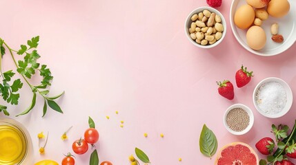 A colorful assortment of fresh ingredients, including eggs, nuts, strawberries, and herbs, arranged on a soft pink surface for a vibrant culinary presentation..