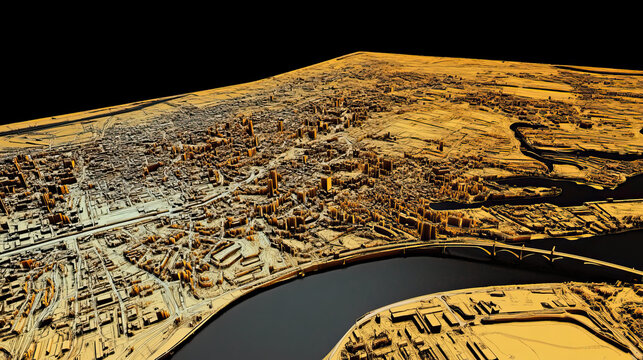 Technical aerial visual, 3D LiDAR GIS aerial map satellite scan model isolated, showing Kanpur, India. Elevation, topography, render