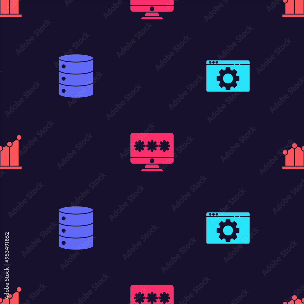 Poster set browser setting, server, data, web hosting, monitor with password and pie chart infographic on s