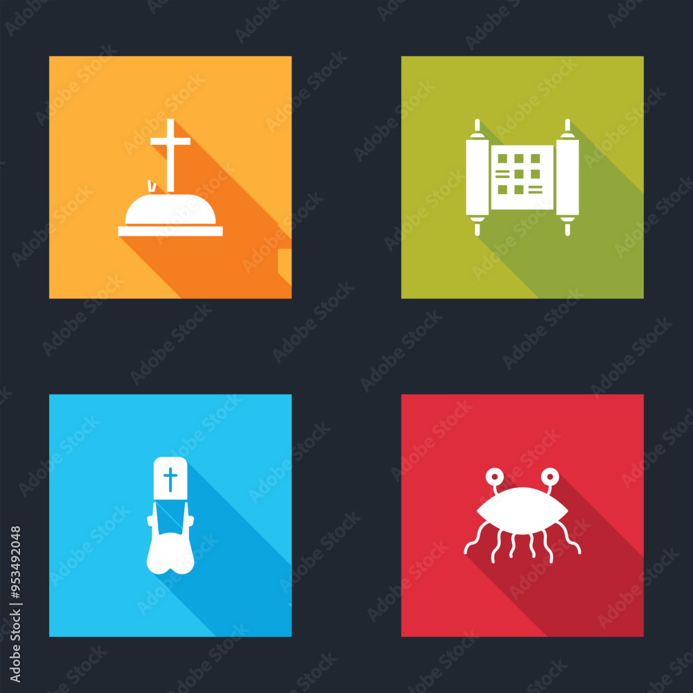 Poster Set Tombstone with cross, Decree, paper, parchment, scroll, Priest and Pastafarianism icon. Vector