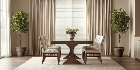 Fototapeta premium Beige dining room with wooden table and chairs.