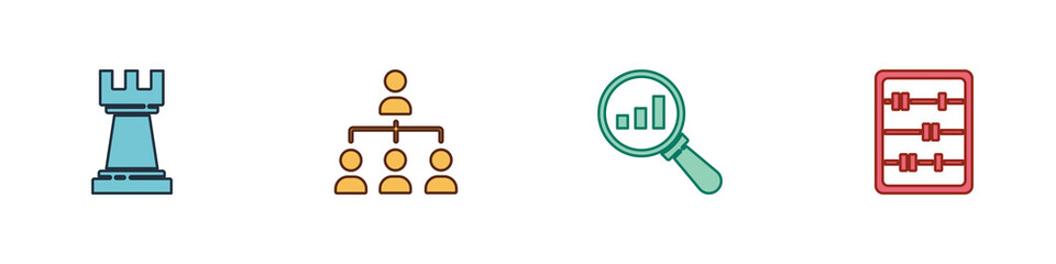 Set Chess, Hierarchy organogram chart, Magnifying glass and analysis and Abacus icon. Vector