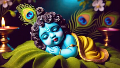 Divine serenity of baby krishna with peacock feathers and floral adornments