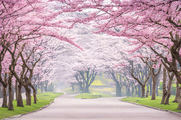 Obraz premium A picturesque pathway framed by rows of vibrant cherry blossom trees in full bloom. The soft pink petals create a tranquil and enchanting atmosphere, perfect for a peaceful walk in nature. 