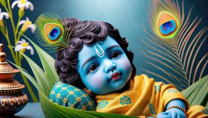 Divine representation of krishna with peacock feather for spiritual decor