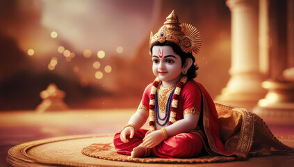 Divine representation of child krishna in traditional attire and peaceful temple setting