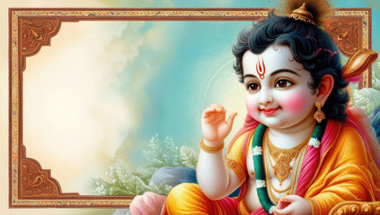 Divine baby krishna portrait with ornate frame for religious celebration design