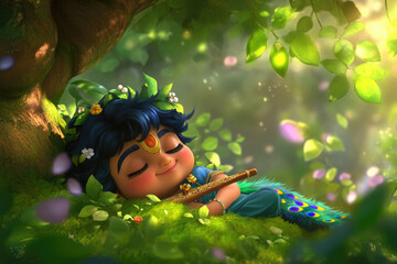 Charming character with flute under tree: nature fantasy and peaceful dreams