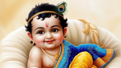 Adorable baby krishna with peacock feather in traditional attire for janmashtami celebration