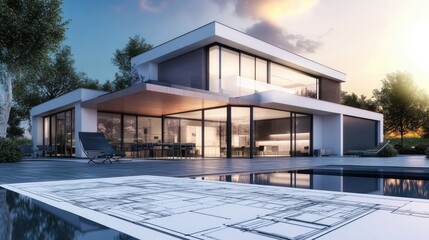 A detailed architectural model of a modern luxury house with large windows, surrounded by a pool, showcasing contemporary design..