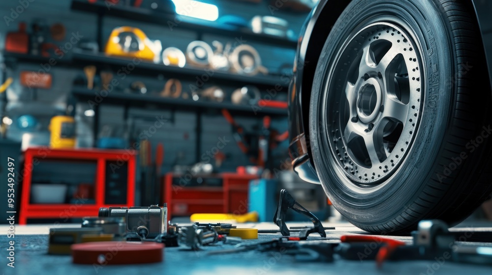 Wall mural car wheel in a garage