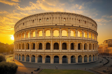 Fototapeta premium colosseum city A beautifully captured image of a historic monument bathed in golden hour light, reflecting its cultural and historical significance