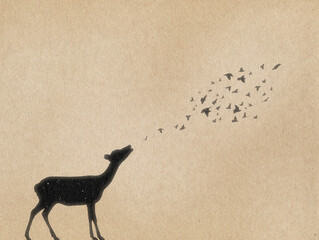 Abstract deer, flying birds. Endangered animal silhouette. Afterlife