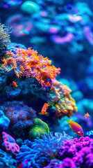 Exotic oceanic colorful fluorescent coral reef with fishes on blue background. Aquarium hobby. Generative AI