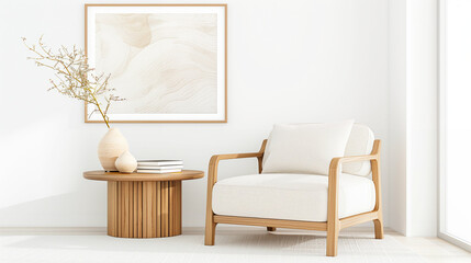Armchair modern furniture design in bright home decor with artistic vase and artwork