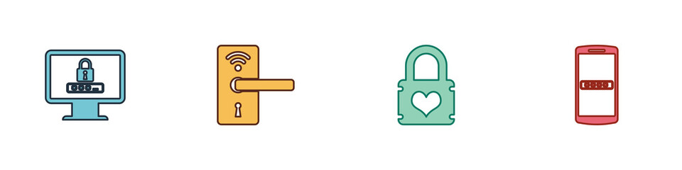 Set Monitor with password, Digital door lock wireless, Padlock heart and Mobile and icon. Vector