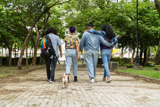 LGBTQ group of good friends walking with their backs turned