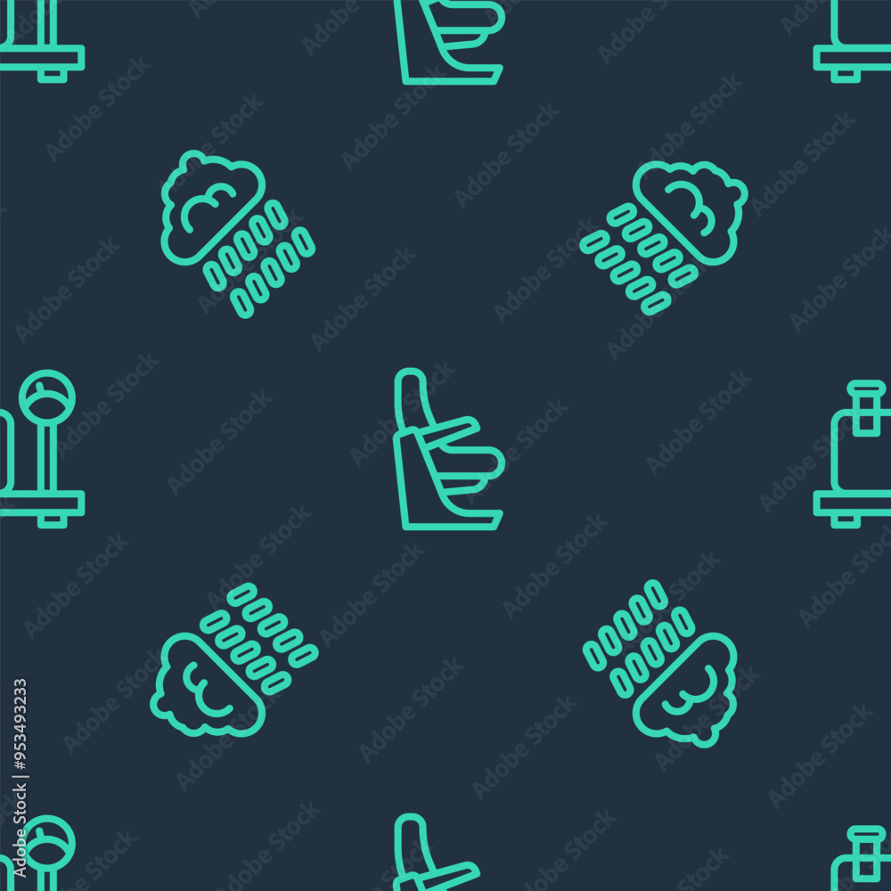 Poster set line airplane seat, cloud with rain and scale suitcase on seamless pattern. vector