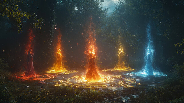circle of elemental spirits performing a magical ritual in a mystical forest surrounded by glowing runes and ethereal flames