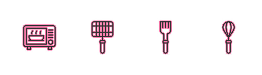 Set line Microwave oven, Fork, Barbecue steel grid and Kitchen whisk icon. Vector