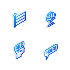 Set Isometric line Earth globe, Flag, Learning foreign languages and Hola different icon. Vector © vector_v