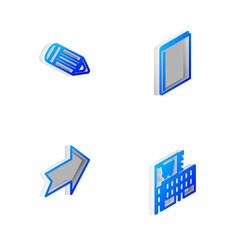 Set Isometric line Book, Pencil, Arrow and Mall or supermarket building icon. Vector