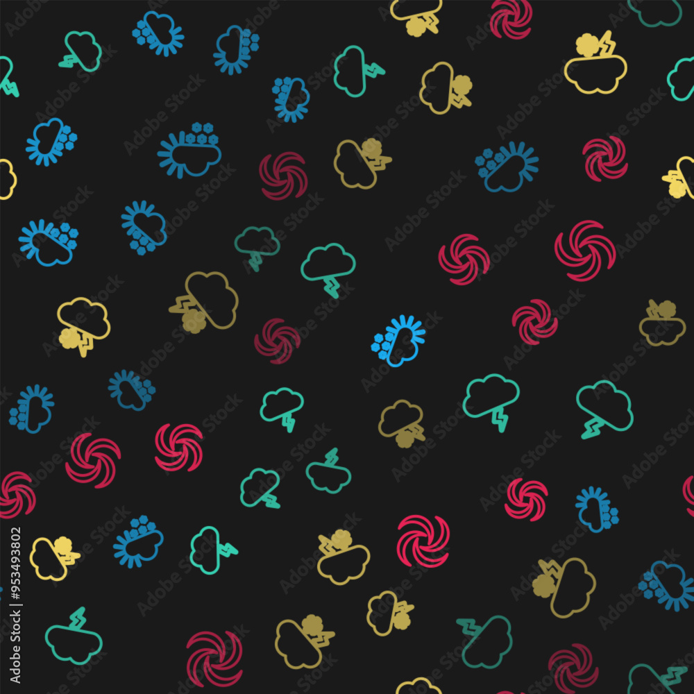 Aufkleber set line cloudy with snow, storm, and lightning and tornado on seamless pattern. vector